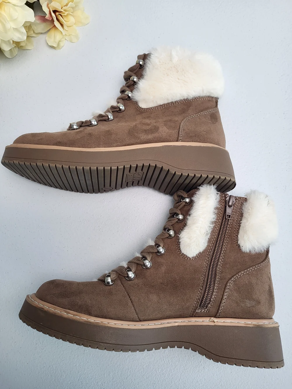 Madden NYC Women's Brown Faux-Fur Lined Suede Lace-Up Boot